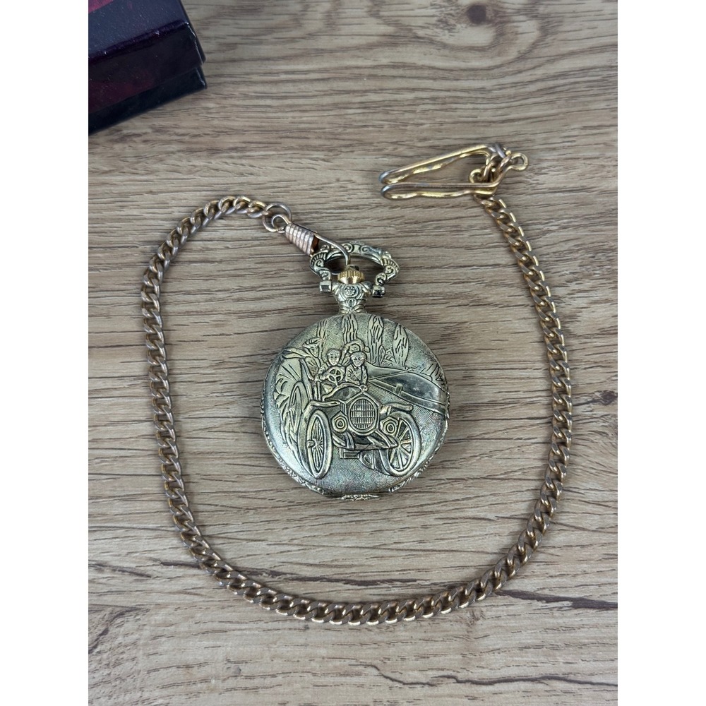 Azur Pocket Watch Unisex Silver Gold Tone Vintage Car Embossed Quartz Chain